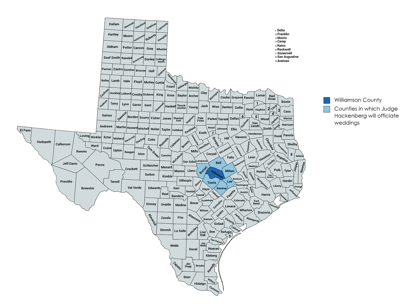 The Texas Counties in which Judge Hackenberg will perform weddings